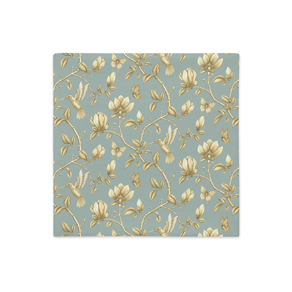 Turquoise & Gold Magnolia Dreams decorative pillow featuring magnolias, hummingbirds and butterflies in a muted gold tone 
