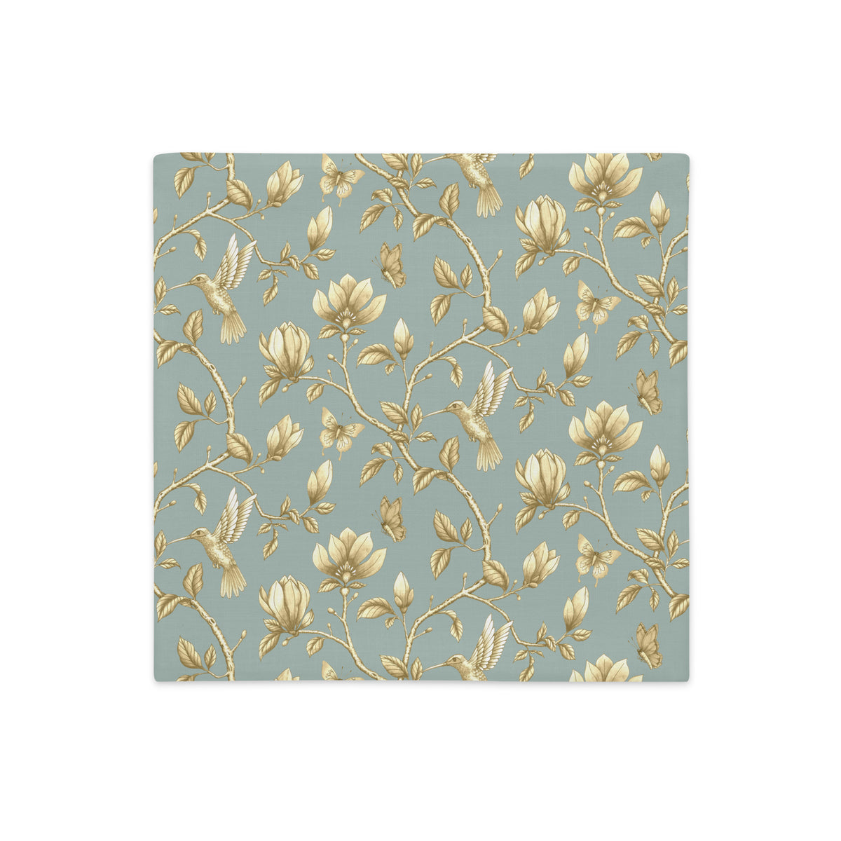 Turquoise & Gold Magnolia Dreams decorative pillow featuring magnolias, hummingbirds and butterflies in a muted gold tone 