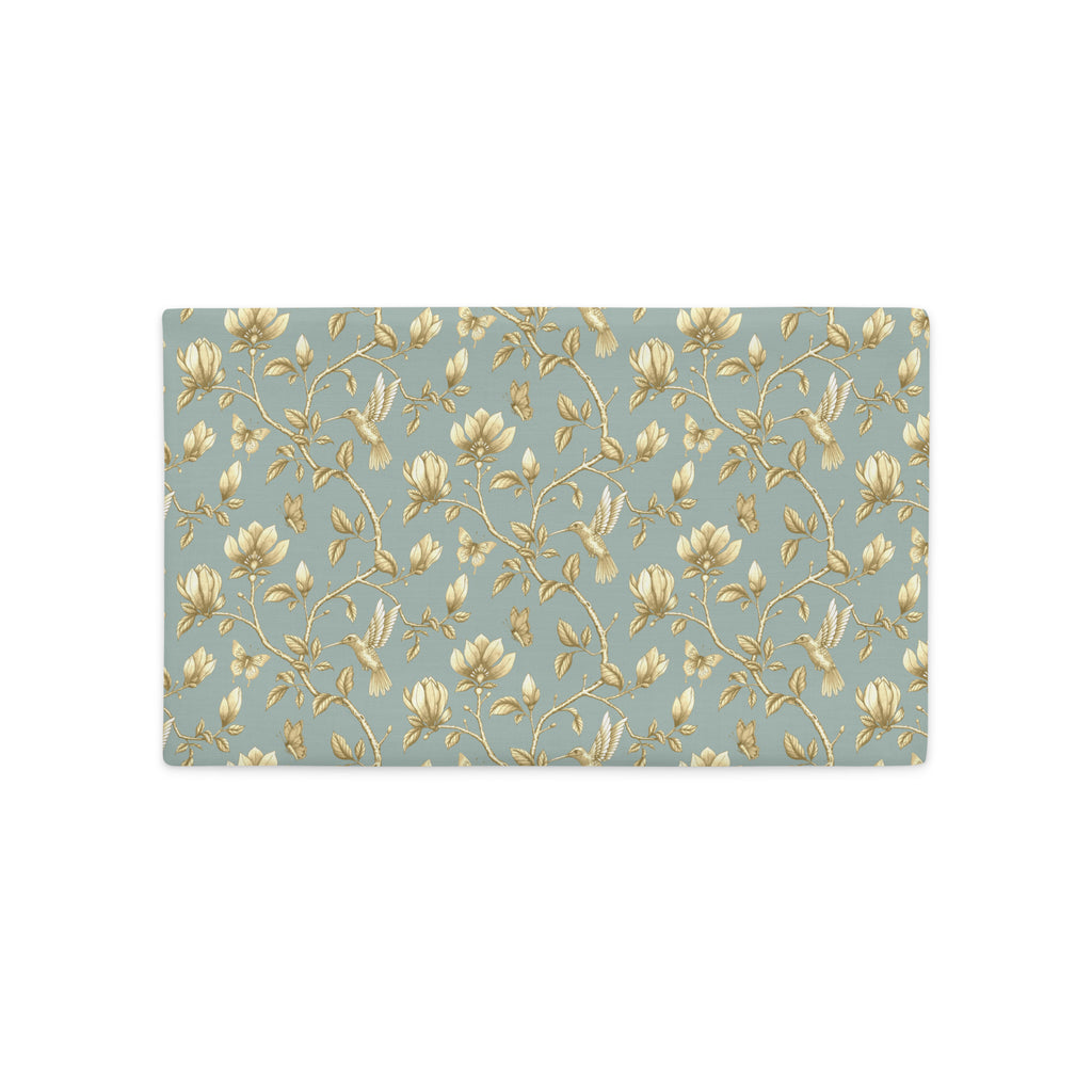 Turquoise & Gold Magnolia Dreams decorative pillow featuring magnolias, hummingbirds and butterflies in a muted gold tone 