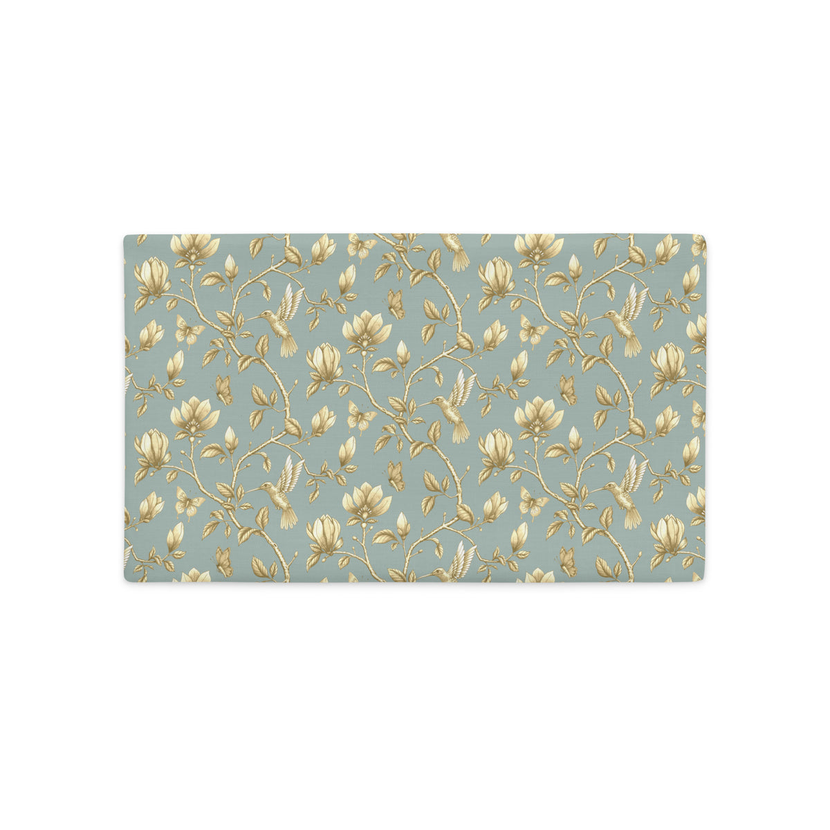 Turquoise & Gold Magnolia Dreams decorative pillow featuring magnolias, hummingbirds and butterflies in a muted gold tone 