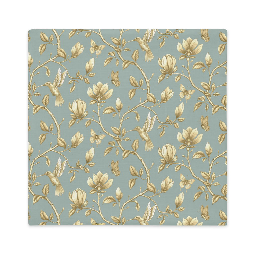 Turquoise & Gold Magnolia Dreams decorative pillow featuring magnolias, hummingbirds and butterflies in a muted gold tone 
