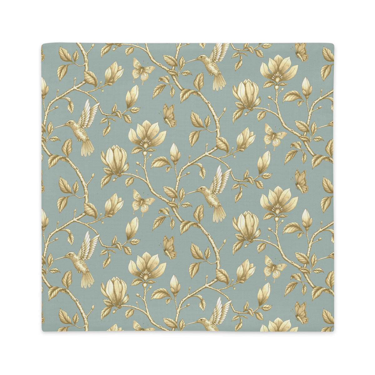 Turquoise & Gold Magnolia Dreams decorative pillow featuring magnolias, hummingbirds and butterflies in a muted gold tone 