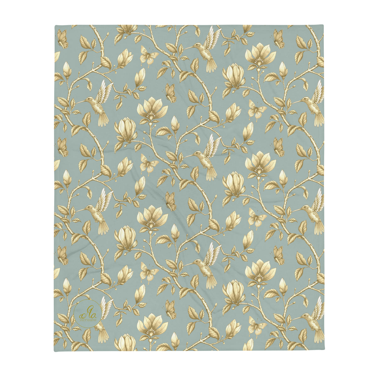 Magnolia Dreams Gilded Garden throw blanket in Turquoise & Gold, featuring golden magnolia blossoms, hummingbirds, butterflies and delicate branches