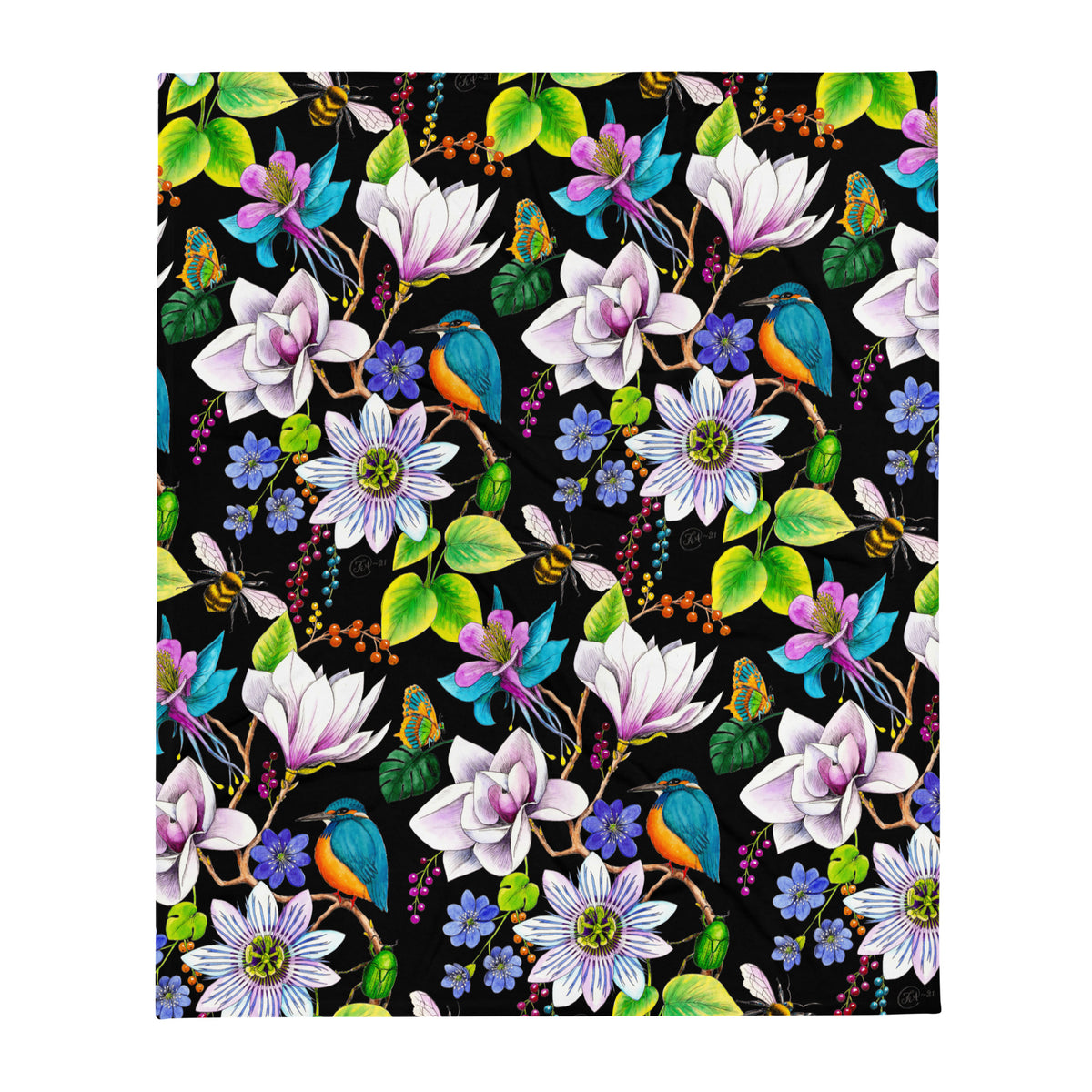 Garden of Eden throw blanket showing its colorful floral pattern with kingfishers, exotic flowers, bumblebees, butterflies and green leaves on a black background