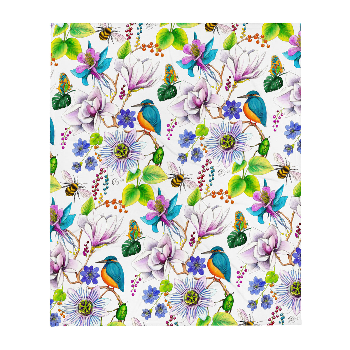 Garden of Eden throw blanket displaying a colorful pattern of exotic flowers, kingfishers, bumblebees, butterflies and lush green leaves