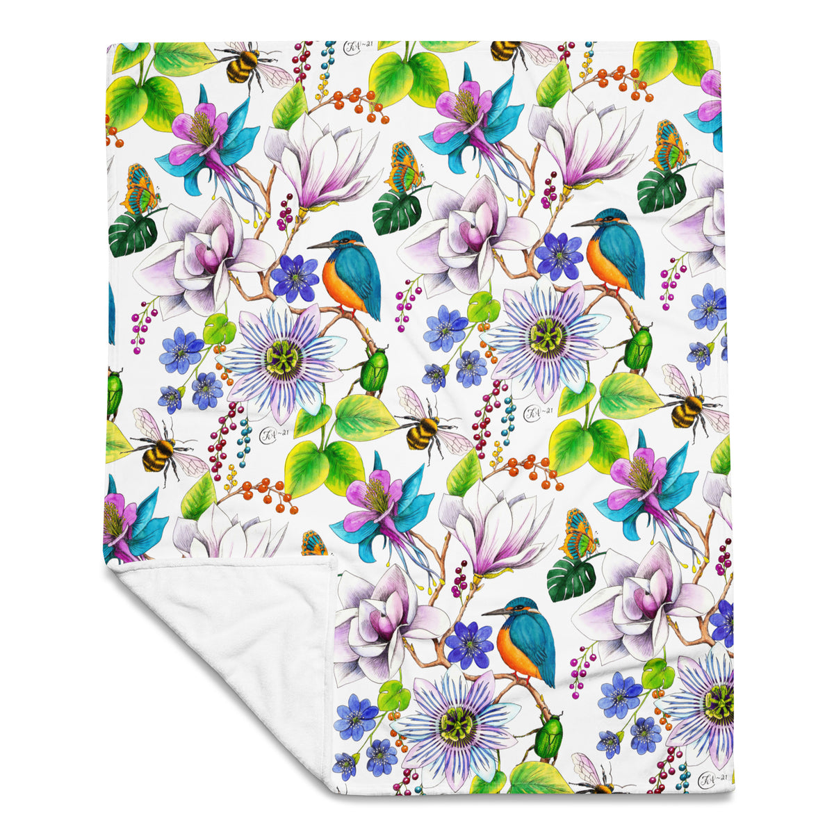 Garden of Eden throw blanket with a colorful floral pattern featuring kingfishers, exotic flowers, bumblebees and leaves