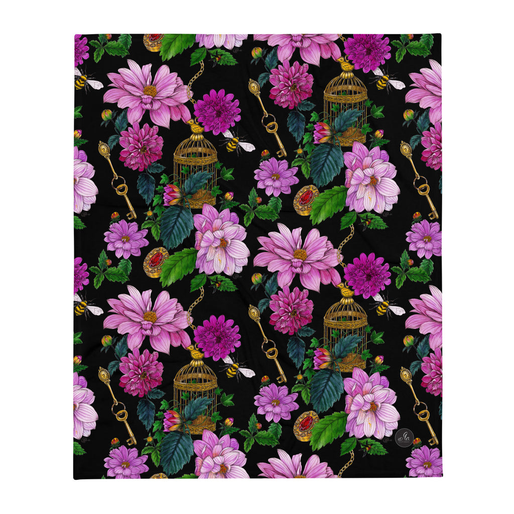 Dahlia Garden throw blanket displaying the full floral pattern with pink flowers, green leaves, birdcages and decorative keys
