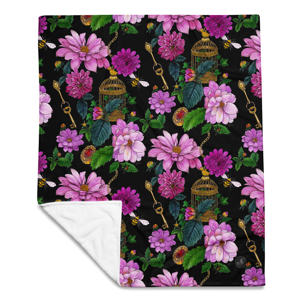 Throw blanket featuring the Dahlia Garden floral pattern with pink flowers, green leaves and decorative birdcages