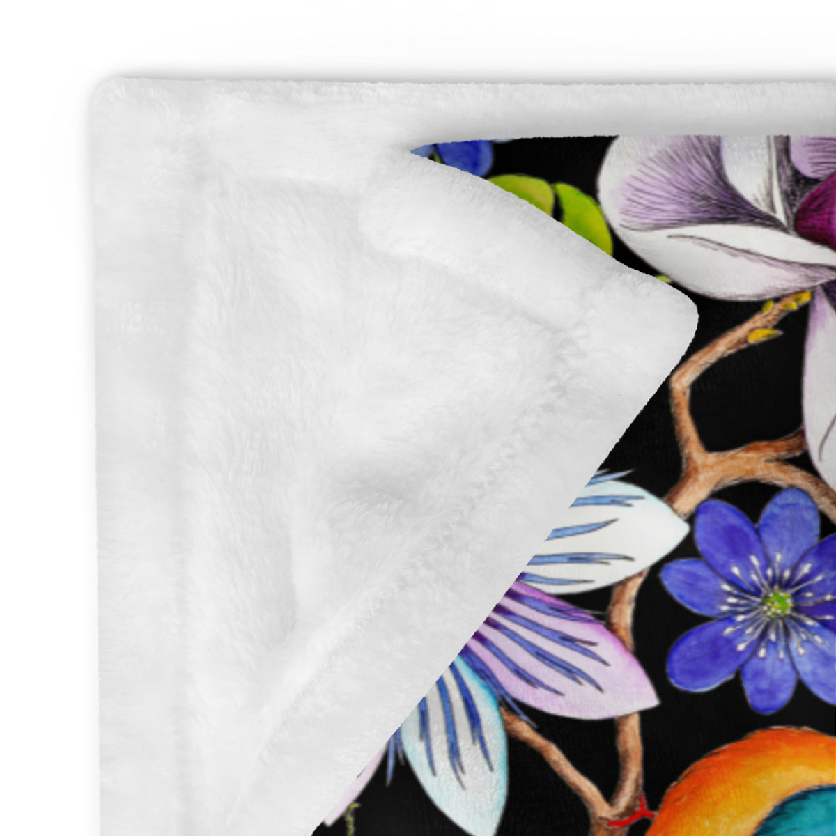 Close-up of a Garden of Eden throw blanket with a black background, featuring colorful exotic flowers, leaves, a kingfisher and other botanical details